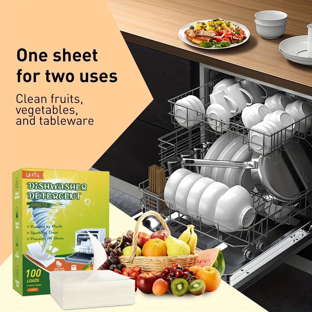 Dishwasher detergent sheets pack with white sheet beside a running dishwasher