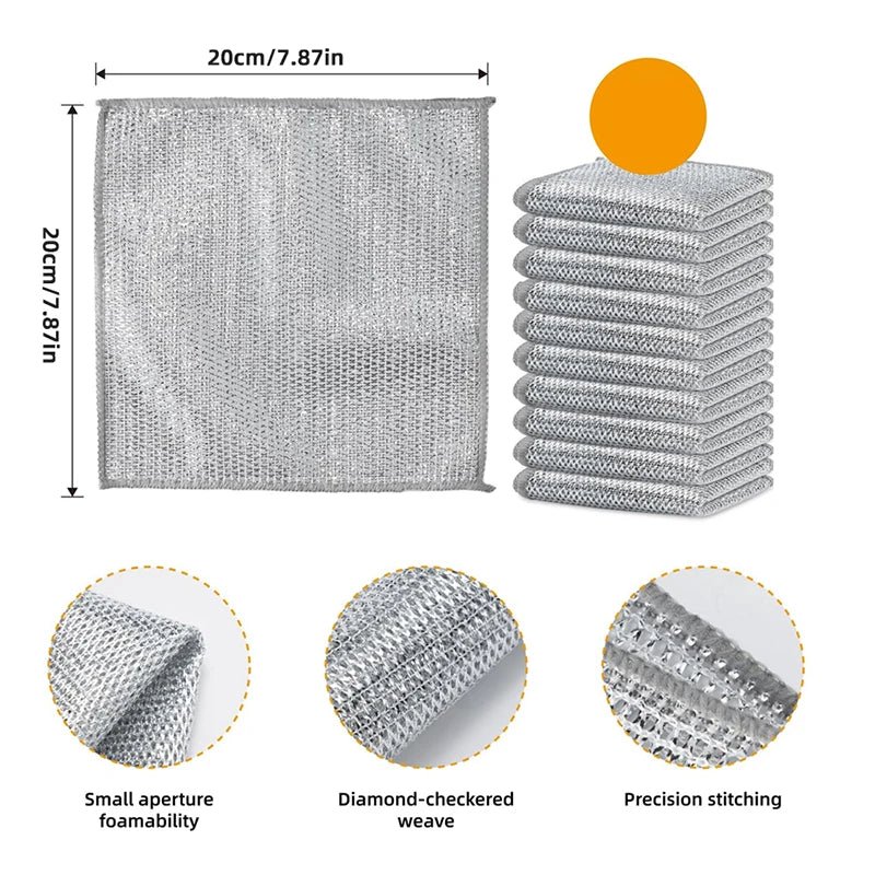 Square grey mesh scrubbing pad and stacked cloths, with stitched edge detail