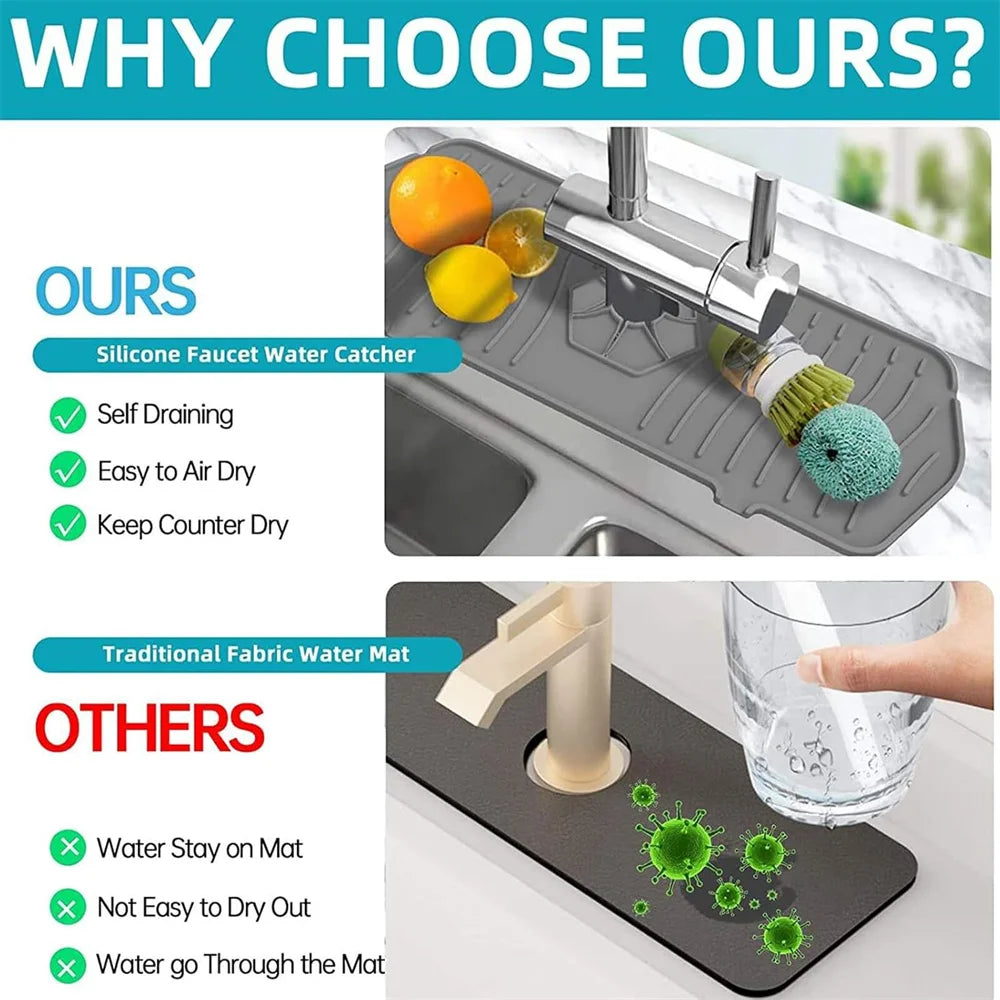 Gray silicone faucet sink splash guard with drain mat, molded ridges and faucet opening