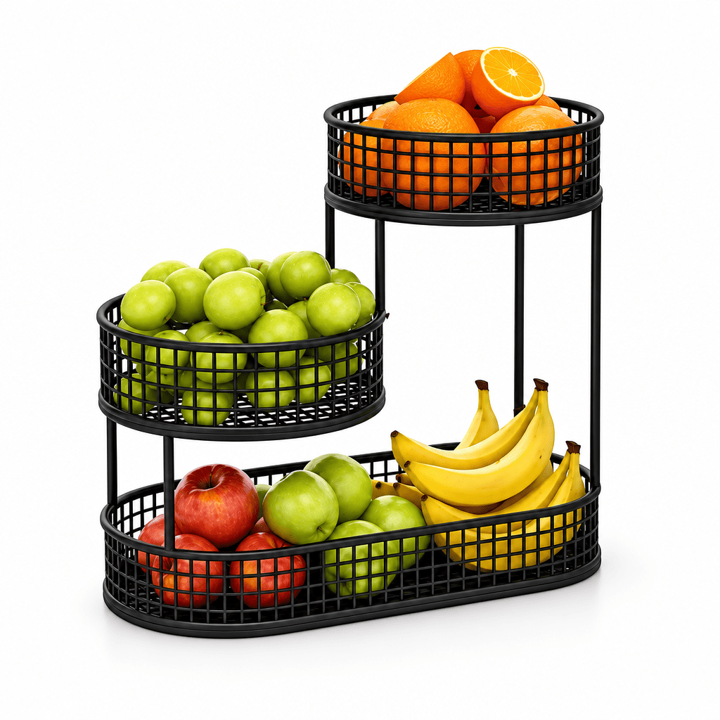 Black multi-layer fruit basket set with three round wire baskets for bananas and citrus