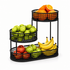 Black multi-layer fruit basket set with three round wire baskets for bananas and citrus