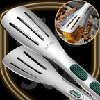 Stainless steel cooking tongs with slotted spatula tips and green silicone grips