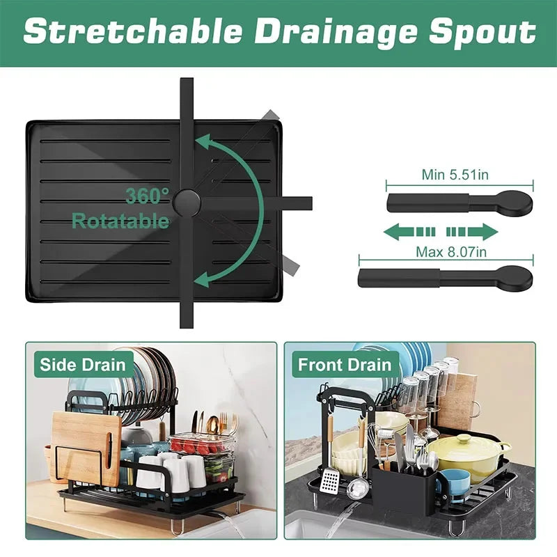 360° Rotating Dish Drying Rack - 2-Tier with Drain Tray