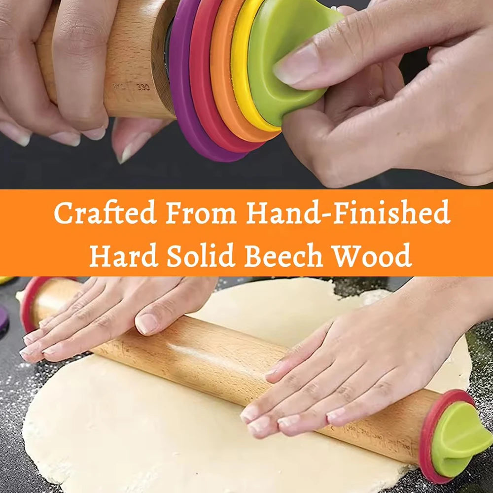 Hands rolling dough with a beech wood adjustable rolling pin and colorful ring set
