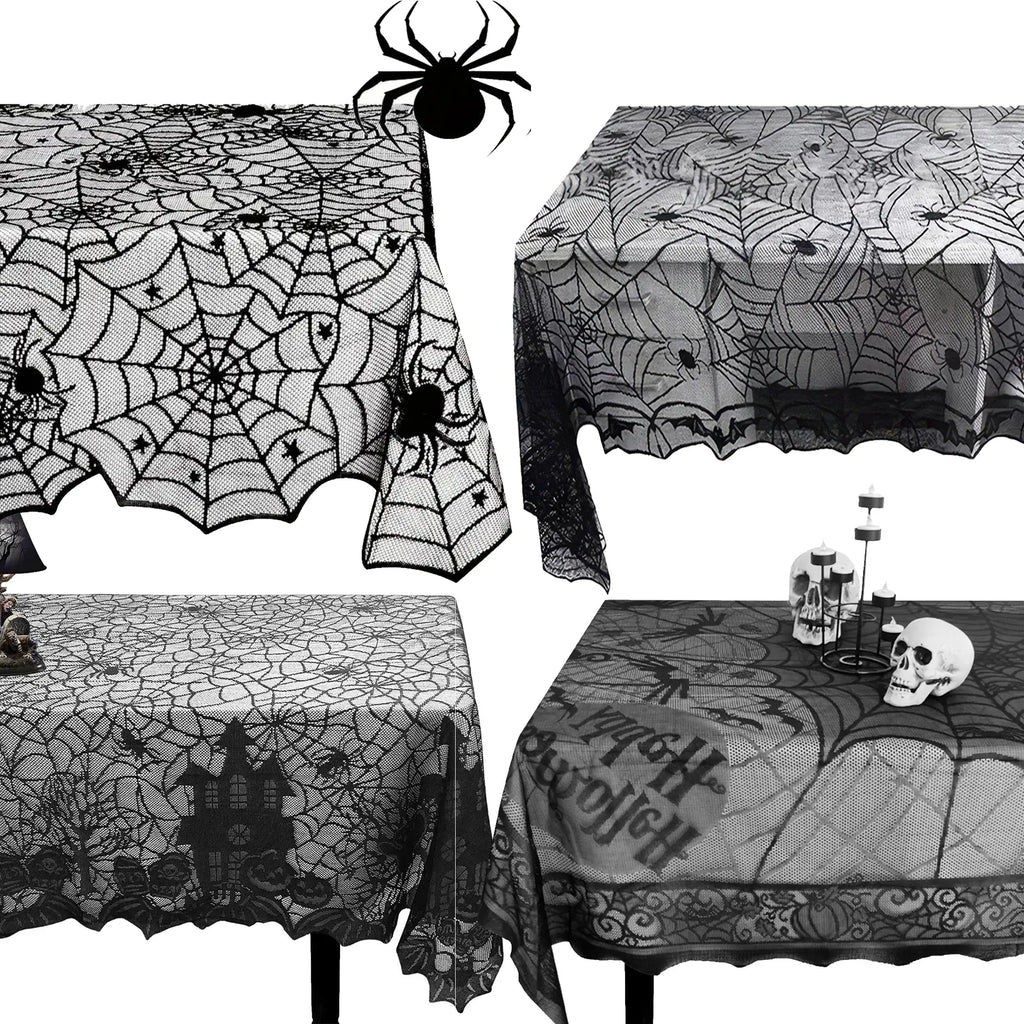 Four-panel collage showing black lace Halloween tablecloths draped over tables with spider web, bat, and skull decorations on white background.