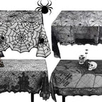 Four-panel collage showing black lace Halloween tablecloths draped over tables with spider web, bat, and skull decorations on white background.