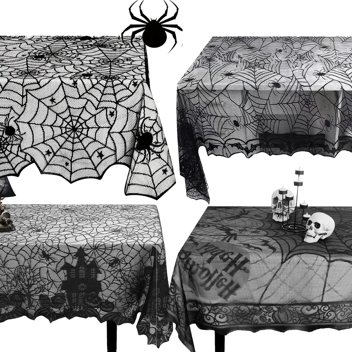 Four-panel collage showing black lace Halloween tablecloths draped over tables with spider web, bat, and skull decorations on white background.