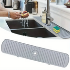 Gray silicone sink splash guard and drain mat with faucet and ridged surface channels