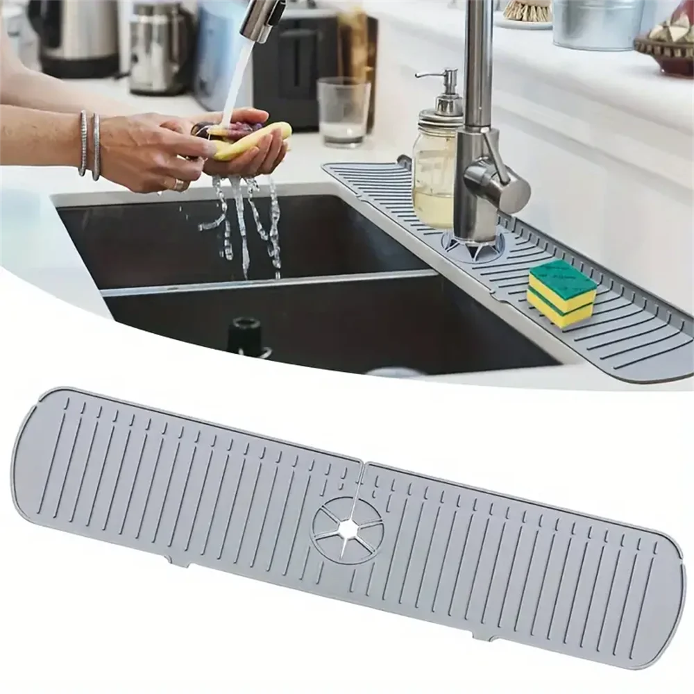 Gray silicone sink splash guard and drain mat with faucet and ridged surface channels