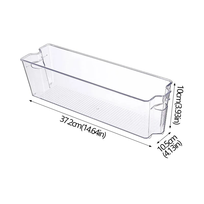 Clear plastic long storage bin with built-in side handles and slotted base.