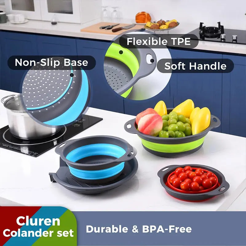 Collapsible colander and strainer set with blue and green strainers and gray non-slip base