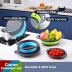 Collapsible colander and strainer set with blue and green strainers and gray non-slip base