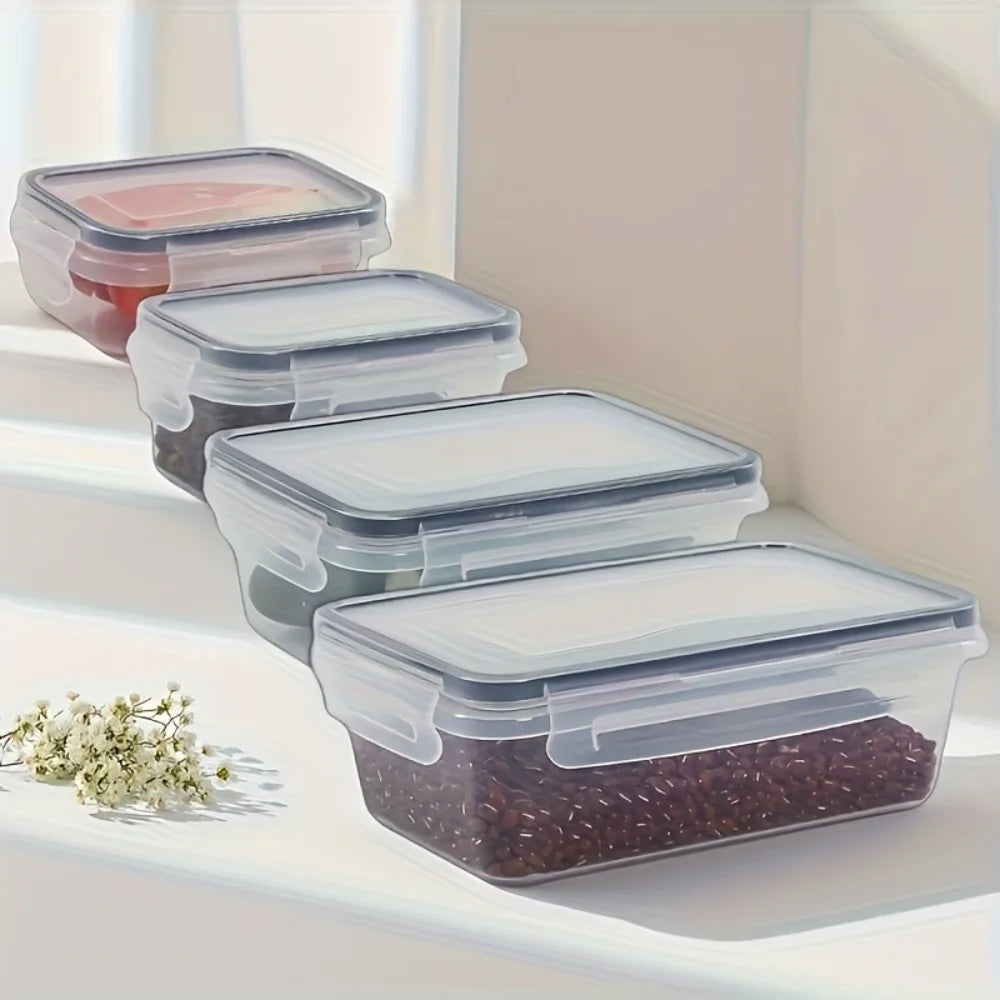 8-piece airtight food storage container set with snap-lock lids, clear square bins shown on shelf