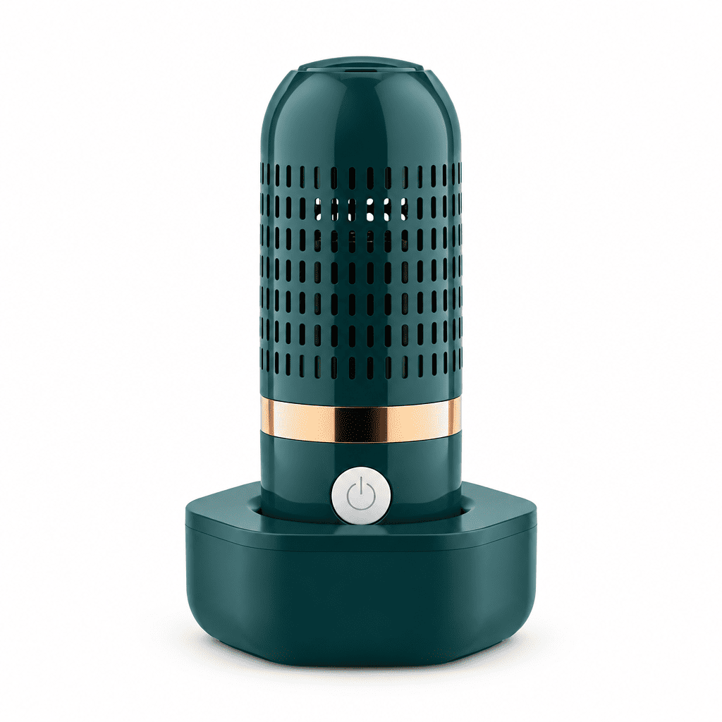 Portable wireless produce purifier, teal base with vented cylinder and power button