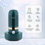 Teal portable wireless food purifier with icons for wireless charging and rapid purification