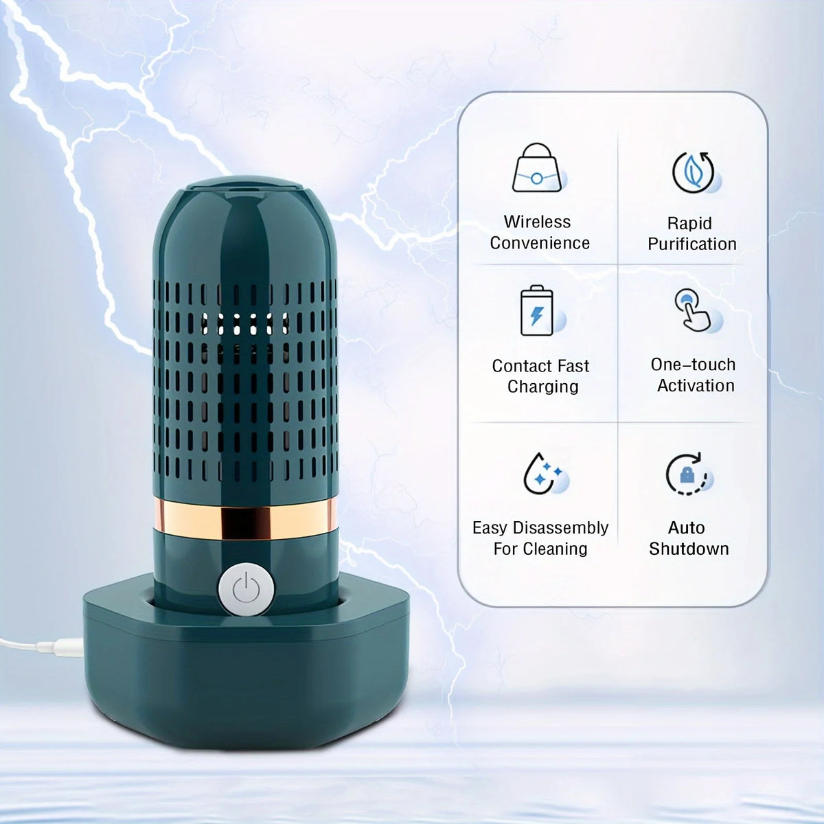 Teal portable wireless food purifier with icons for wireless charging and rapid purification