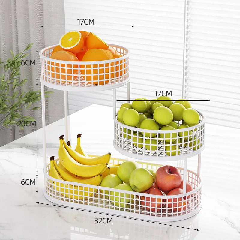 White three-tier round fruit basket stand with measured dimensions, holding assorted produce
