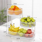 White three-tier round fruit basket stand with measured dimensions, holding assorted produce