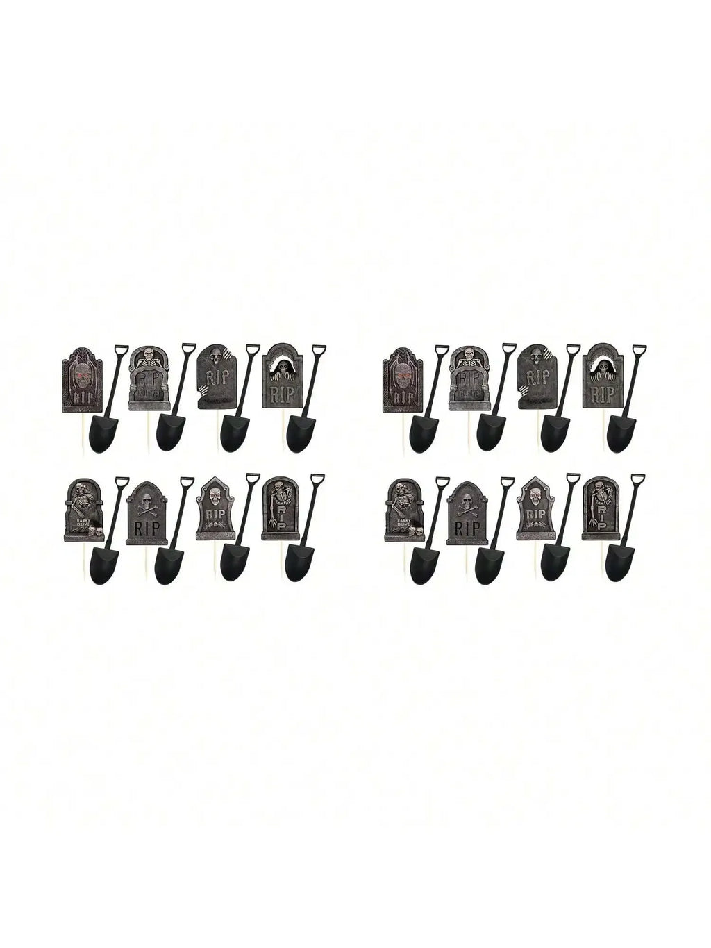 Halloween graveyard cupcake toppers, black tombstones and shovel shapes on sticks