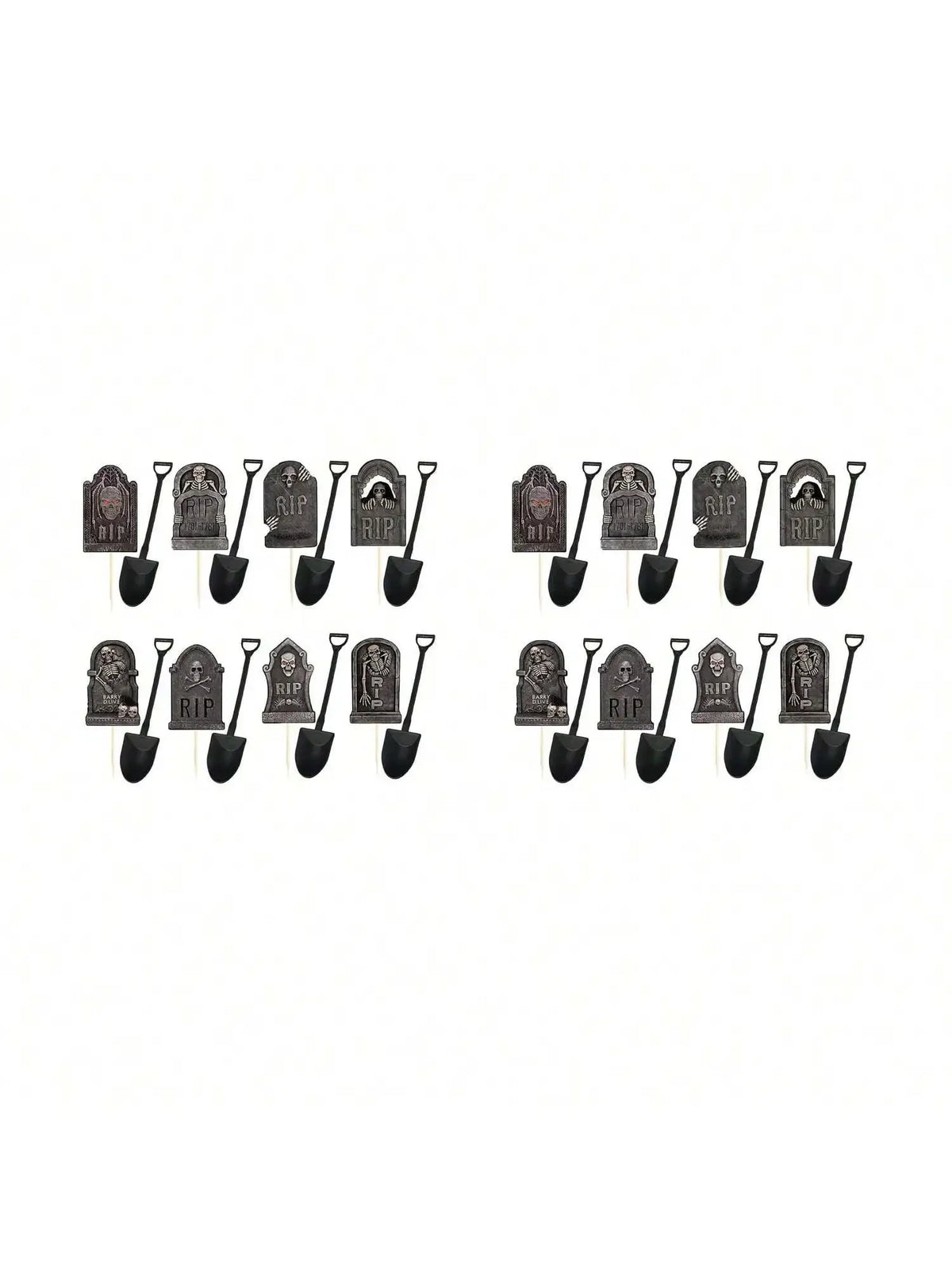 Halloween graveyard cupcake toppers, black tombstones and shovel shapes on sticks