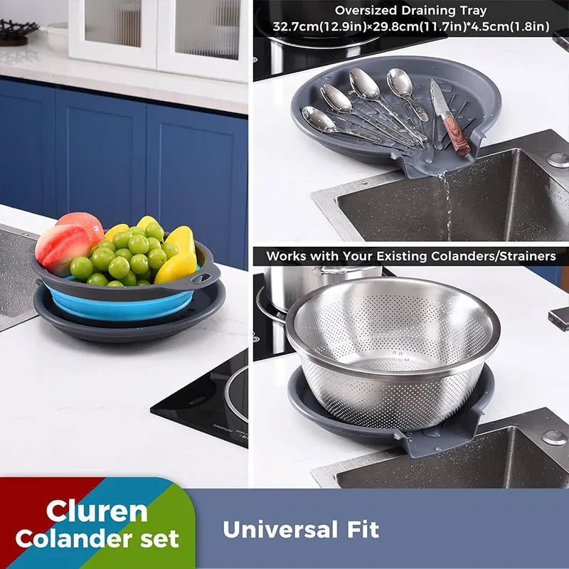 Collapsible colander and strainer set with blue and red strainers and gray drainage tray