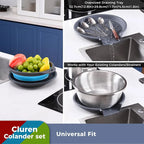 Collapsible colander and strainer set with blue and red strainers and gray drainage tray