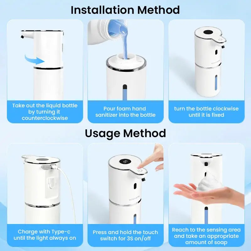 White touchless soap dispenser installation and usage with press-to-dose sensing operation