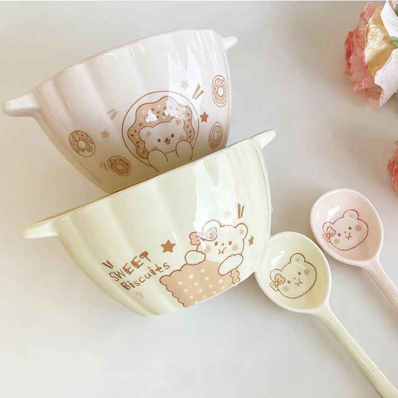 Ceramic bowl and spoon set in cream tones, bear and “Sweet biscuits” print