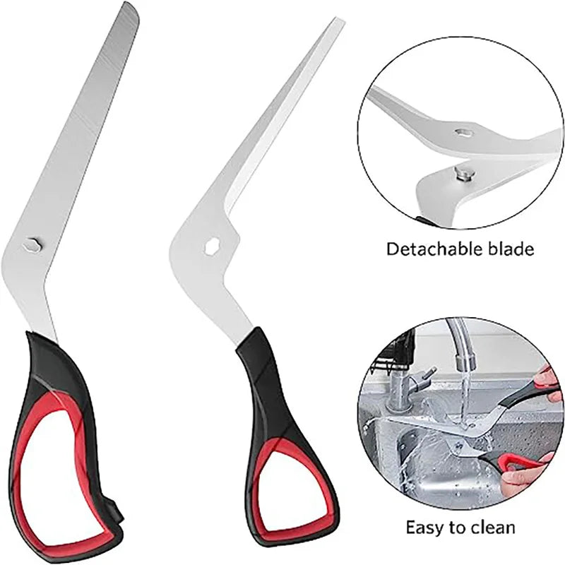 Pizza cutting scissors with detachable blades, black/red handles, close-up views