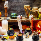 Black cauldron candy bowls with handles and round openings, textured finish on party table