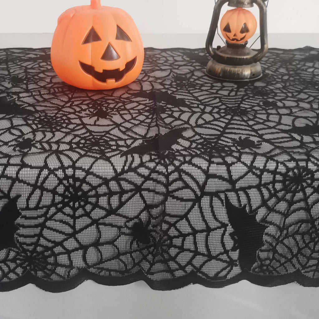 Black lace tablecloth with bat skull web pattern
