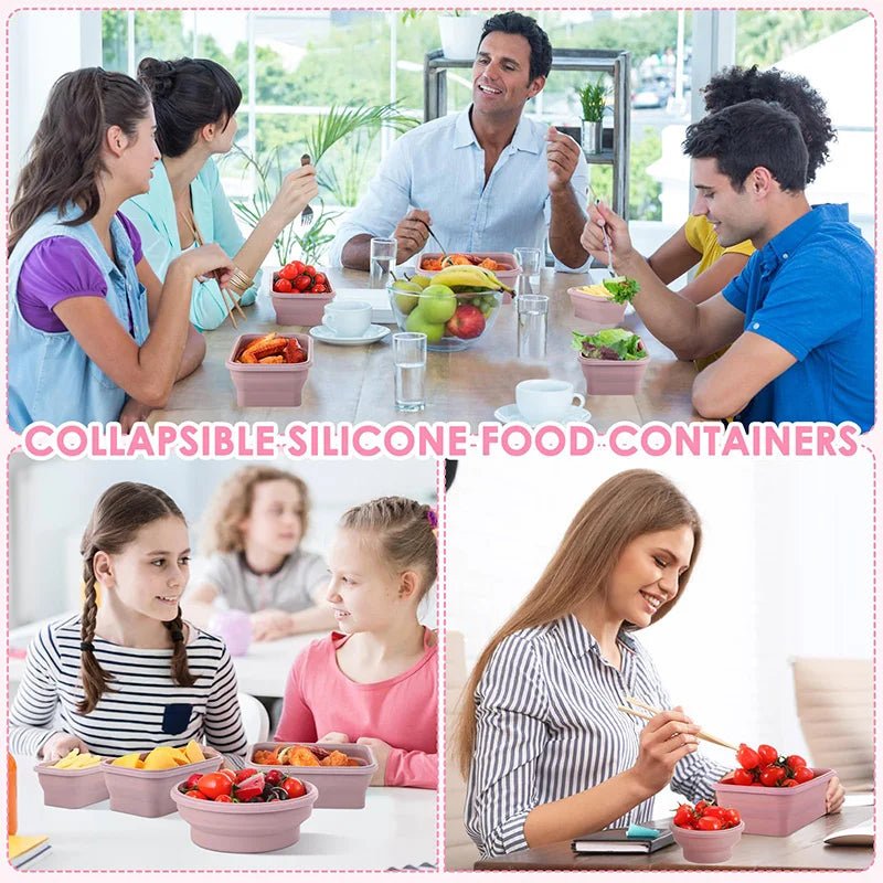 Blush pink collapsible silicone meal prep containers set, shown with hinged snap lids