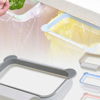 Over-cabinet trash bag holder set with grey base and color frames (blue, pink, white)
