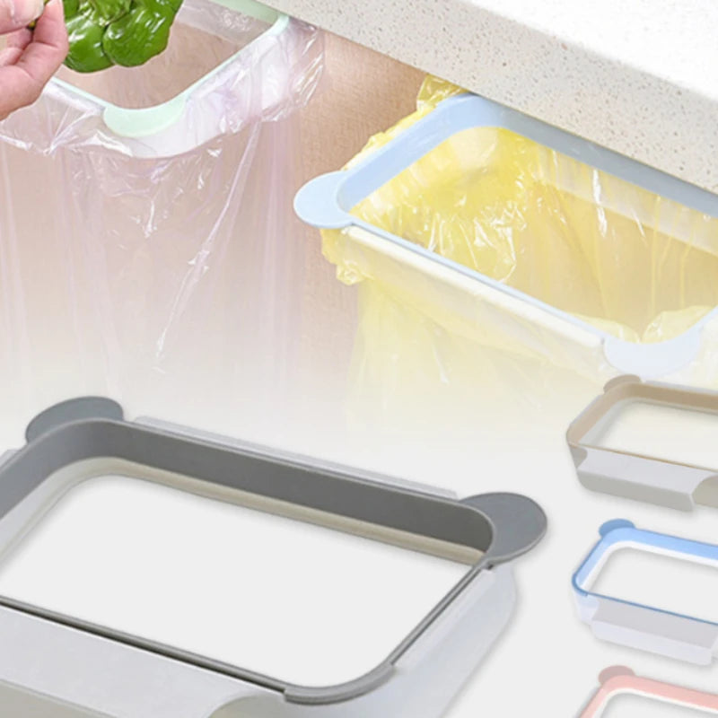 Over-cabinet trash bag holder set with grey base and color frames (blue, pink, white)