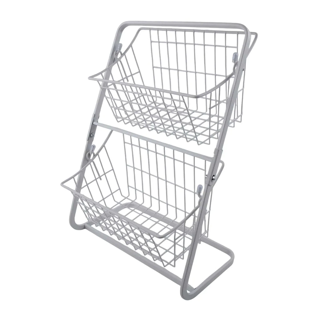 2-tier wire countertop fruit basket organizer, white metal frame with two open baskets