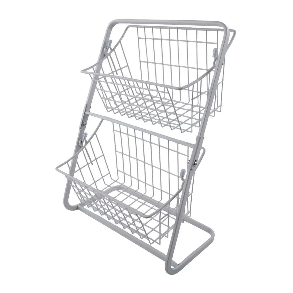 2-tier wire countertop fruit basket organizer, white metal frame with two open baskets