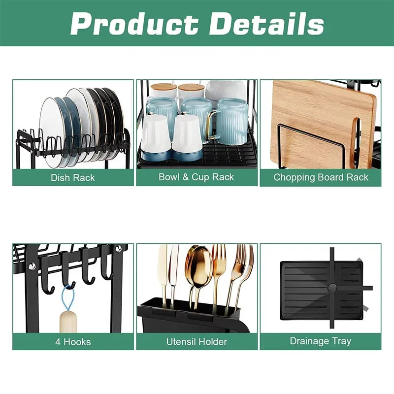 360° Rotating Dish Drying Rack - 2-Tier with Drain Tray