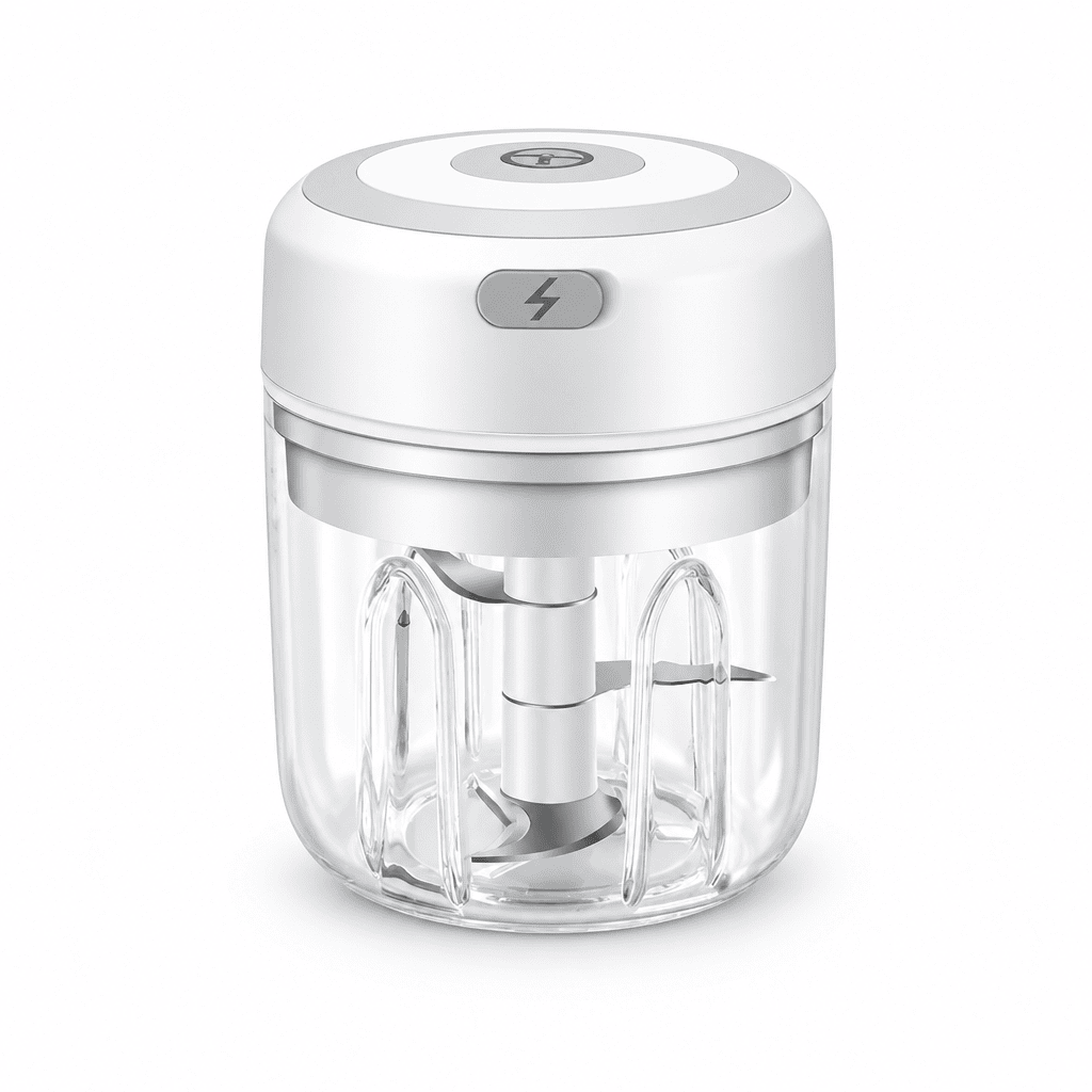 White electric mini garlic & veggie chopper with one-touch button, clear cup, stainless blades