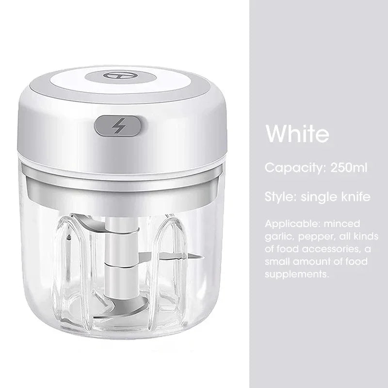 Electric mini chopper, white unit with clear 250ml cup and single knife blade.