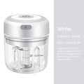 Electric mini chopper, white unit with clear 250ml cup and single knife blade.