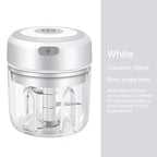 Electric mini chopper, white unit with clear 250ml cup and single knife blade.