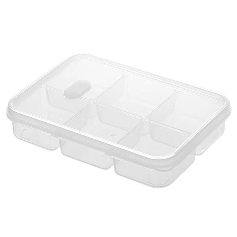 Clear multi-compartment refrigerator food storage box with divided sections and lid