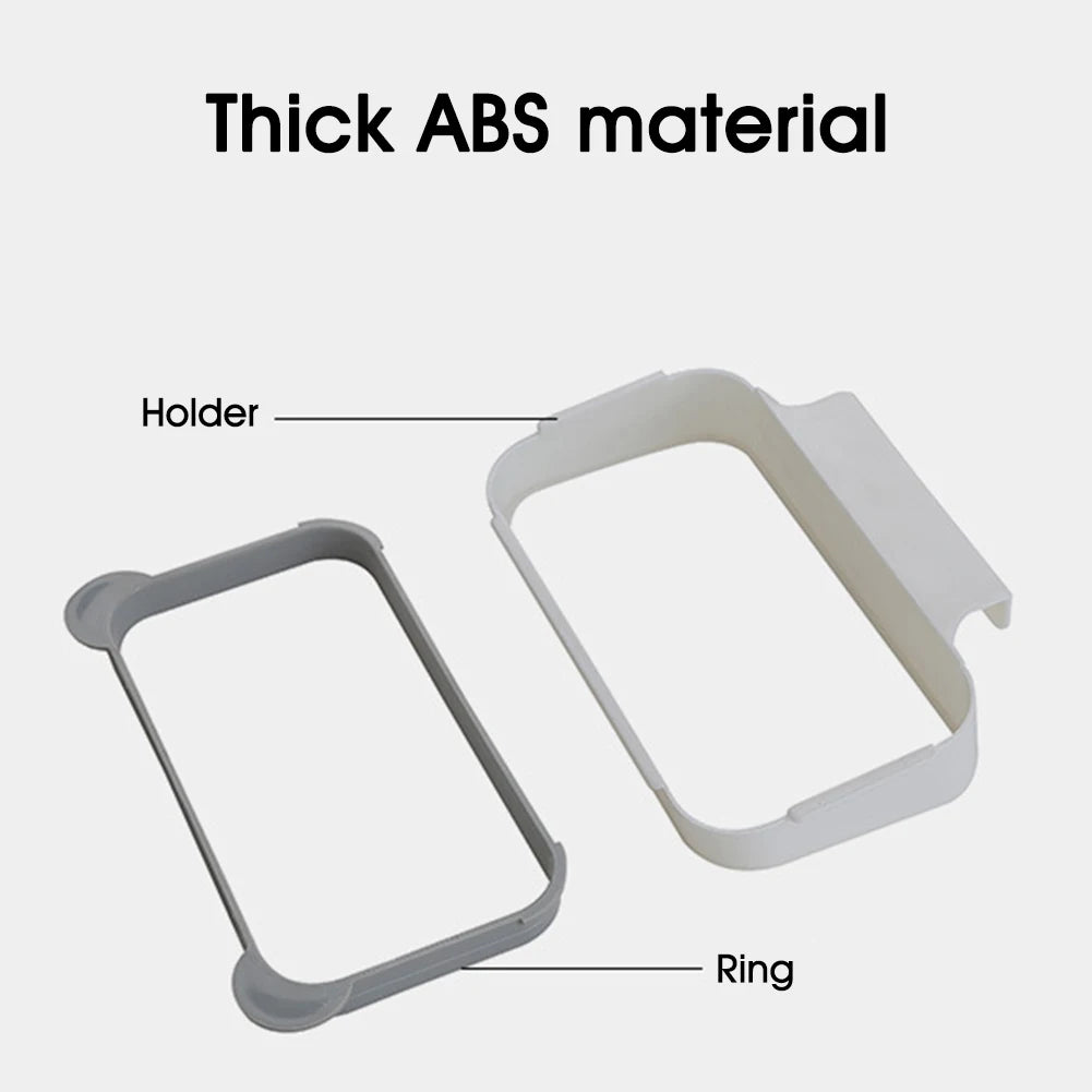 Thick ABS-style over-cabinet trash bag holder with grey and light tan ring frames