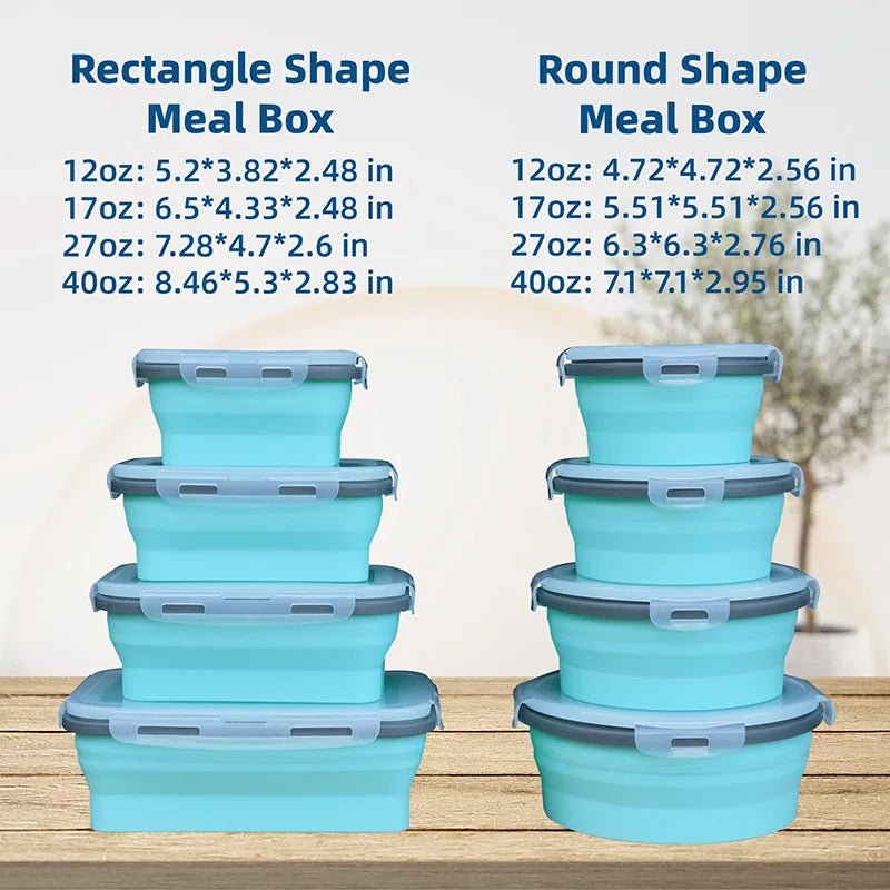 Blue collapsible meal prep containers: rectangle and round shapes stacked with lids