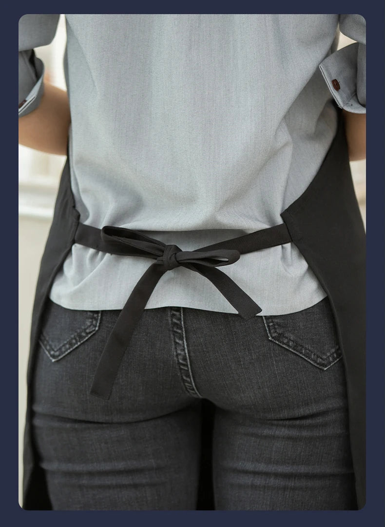 Matte black waist-tie waterproof chef apron with large front pocket