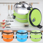 Green stainless steel bento lunch box with reflective band and black handle clasps