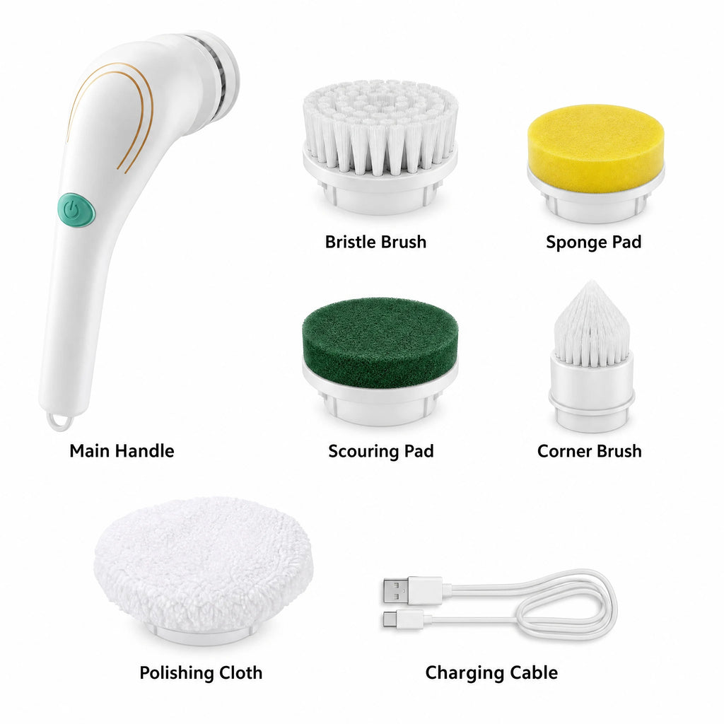 Electric spin scrubber set with brush, sponge pad, scouring pad, corner brush, polishing cloth, cable