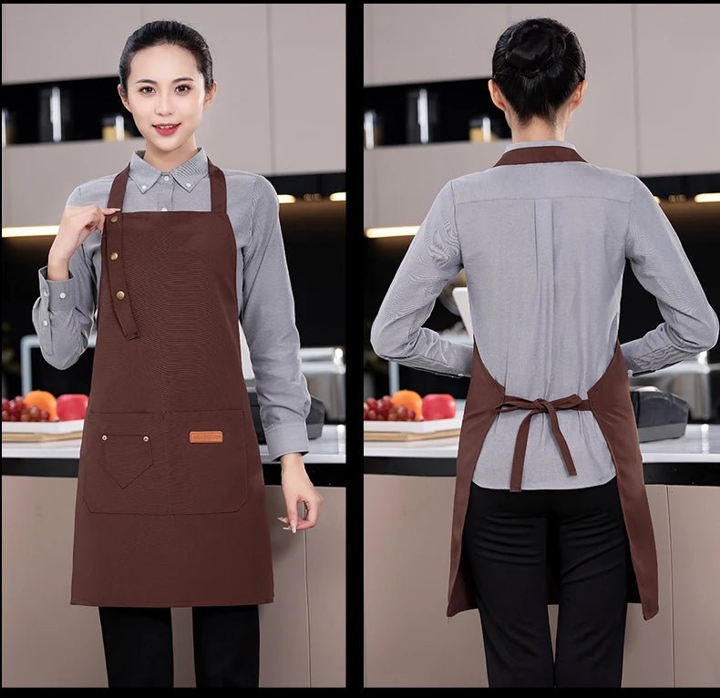 Brown canvas chef apron shown front and back with neck tie and large pocket