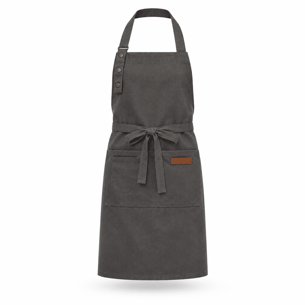 Charcoal gray canvas chef apron with adjustable neck straps, waist tie, and front pocket