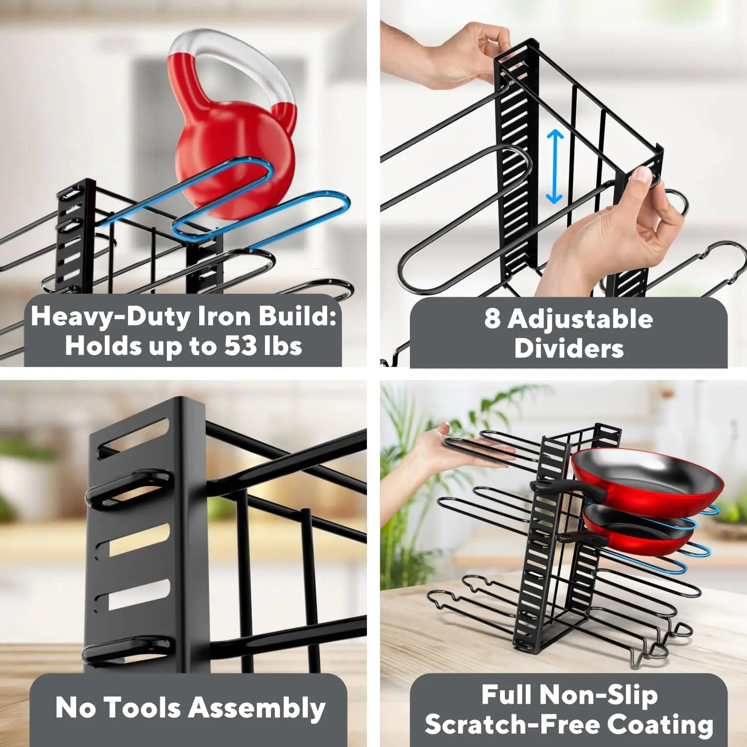 Pot Rack Organizer - 8-Tier Adjustable Pots & Pans Holder